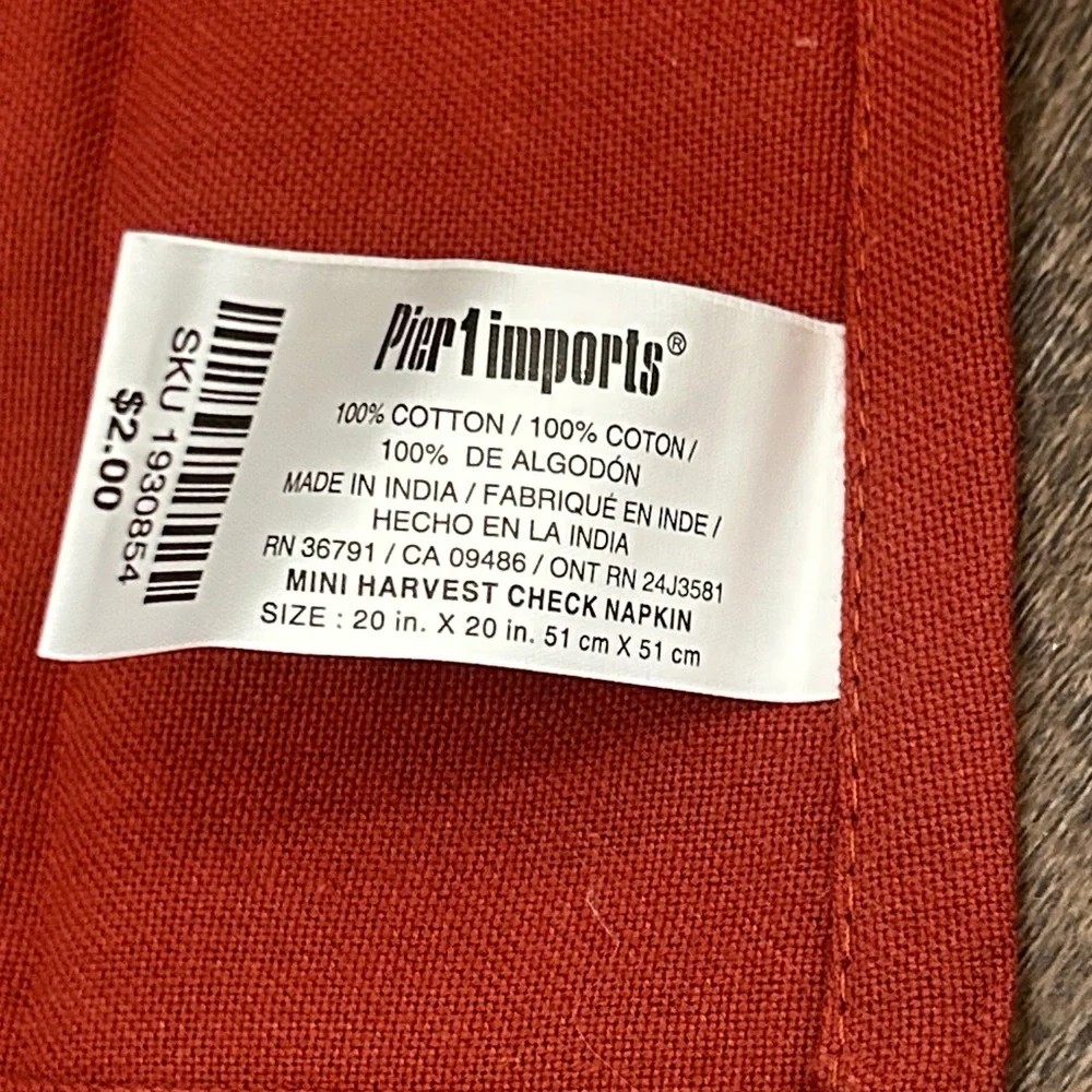 Pier 1 Harvest Check Napkin in Rich Orange 4 pc.‎ 20x20